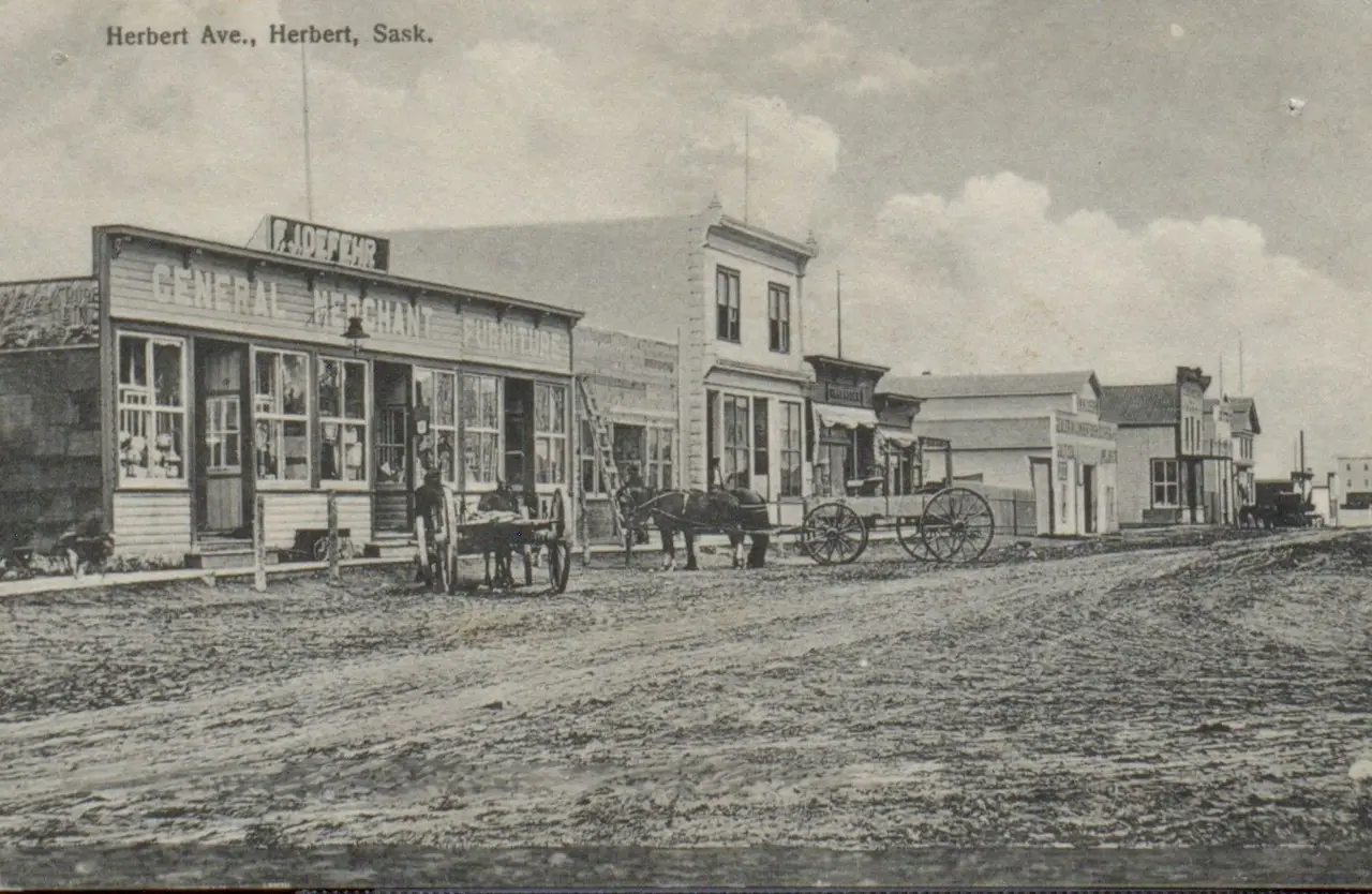 Herbert Avenue street scene with general merchant store and horse-drawn wagons, about 1910